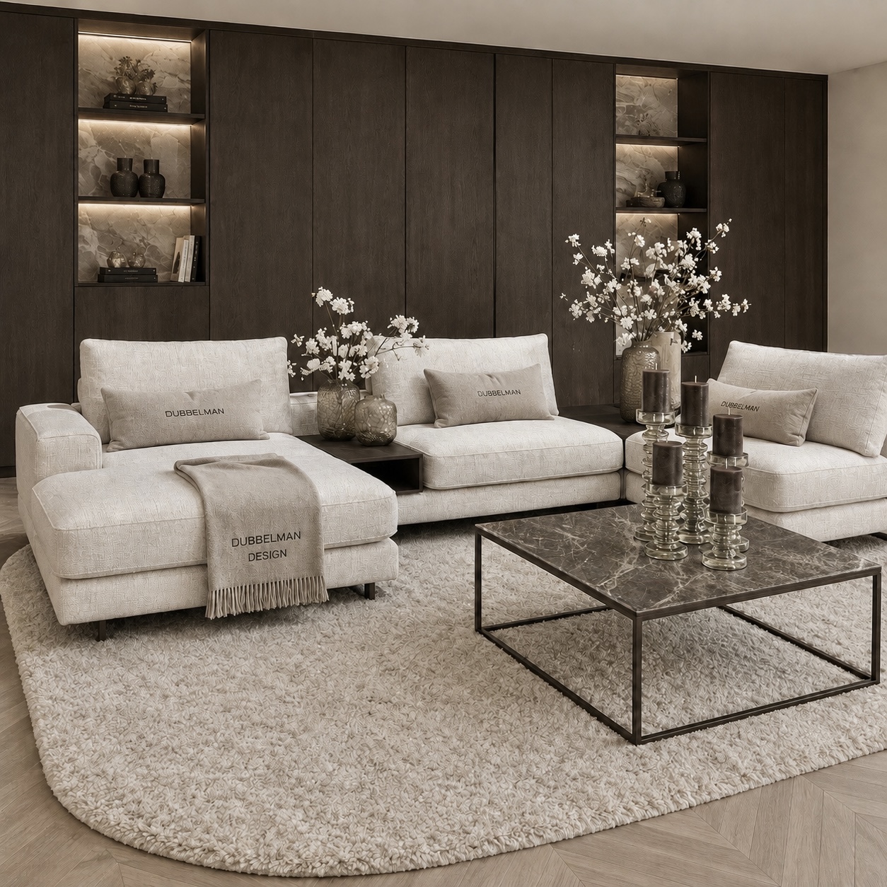 Corner Bench salontafel met Anodic Brown metalen frame en marmer Emperador Dark blad, luxe maatwerk salontafel