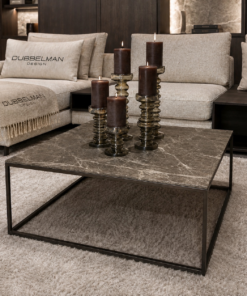 Corner Bench salontafel met Anodic Brown metalen frame en marmer Emperador Dark blad, luxe maatwerk salontafel