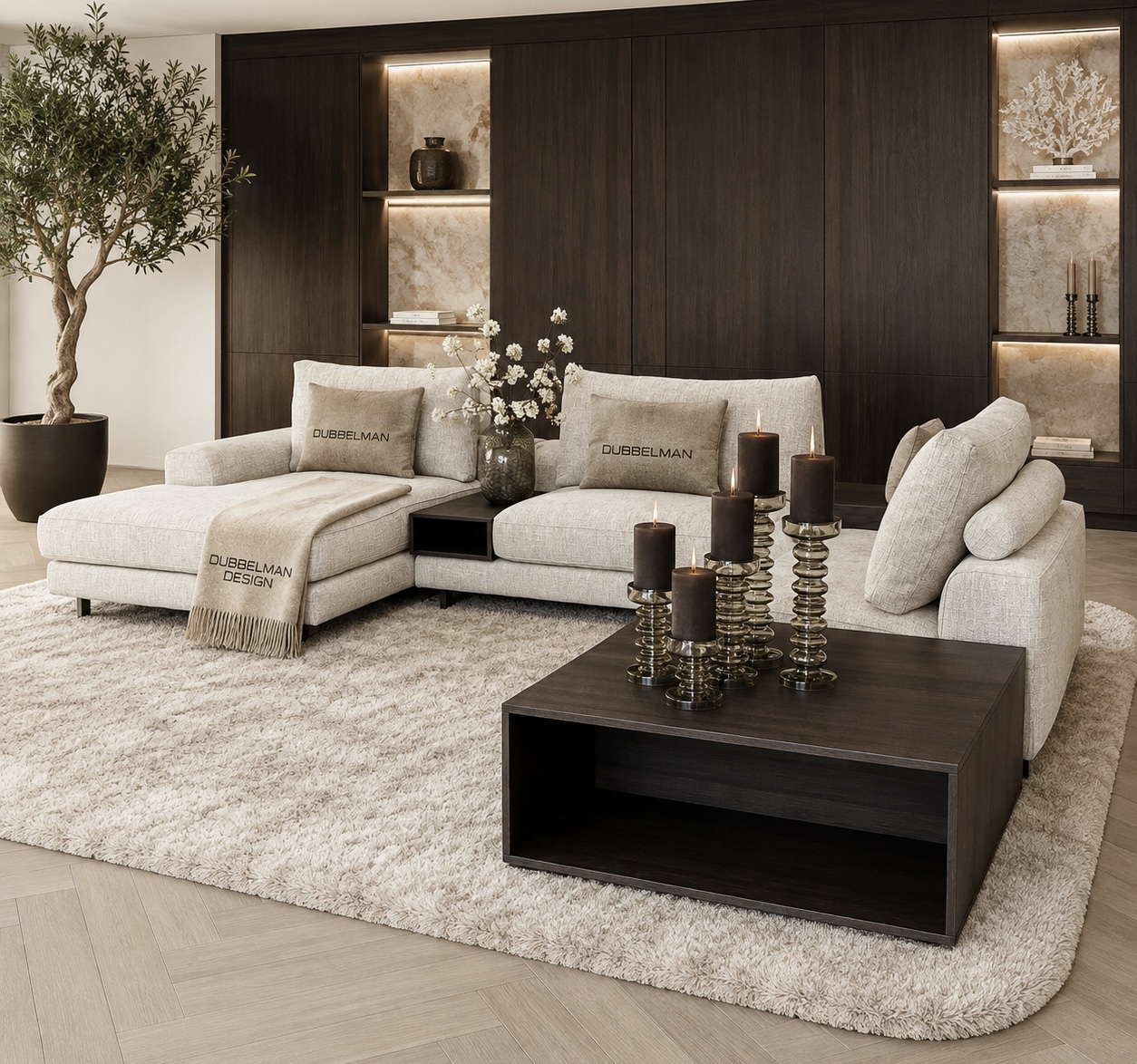 Bank Romée luxe maatwerk elementenbank met banktafel in beige hotel chique interieur