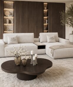 Maatwerk salontafel Solé met organisch houten blad en luxe frame voor hotel chique interieur, modern en Japandi