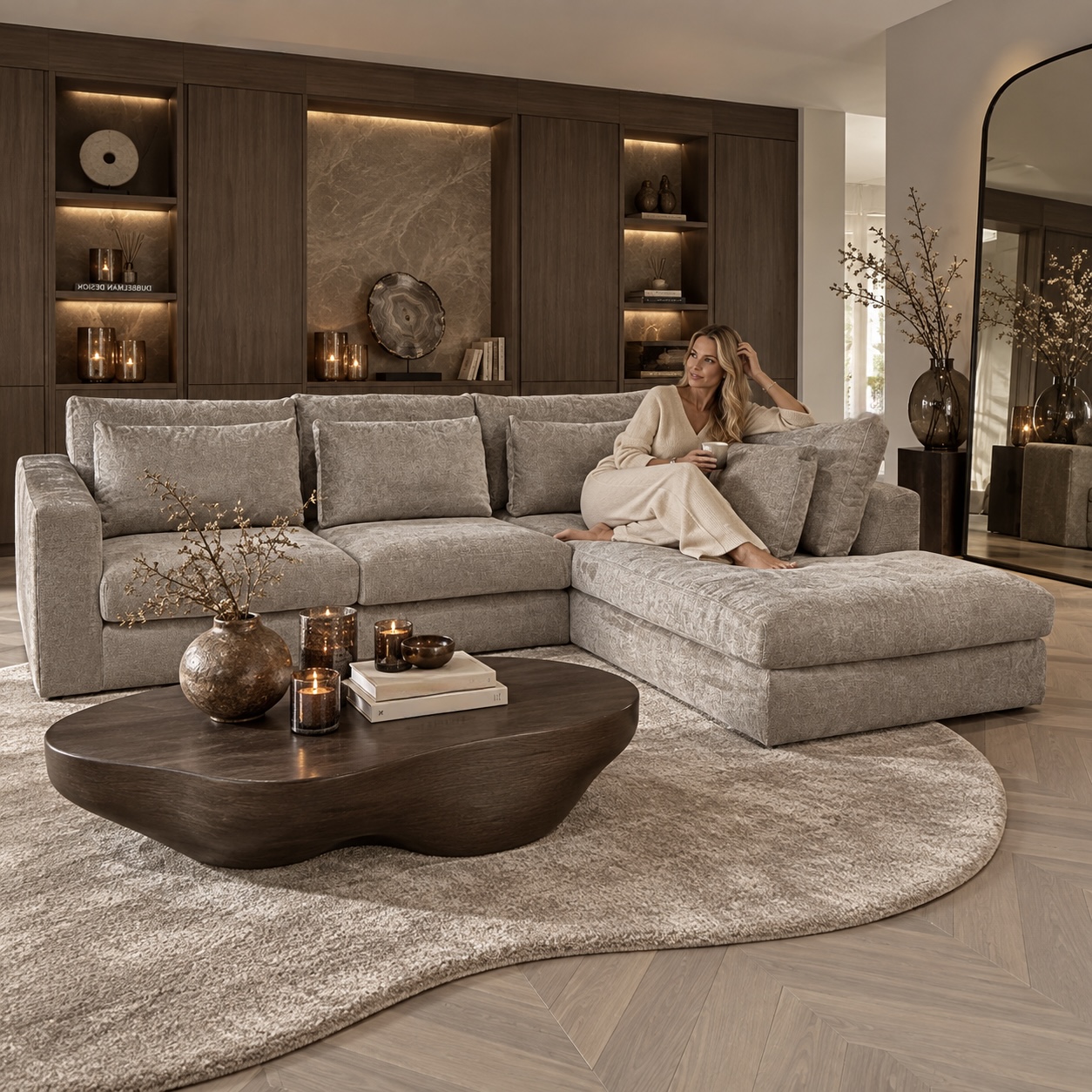 Luxe beige hoekbank uit voorraad leverbaar in hotel chique woonkamer Dubbelman Design
