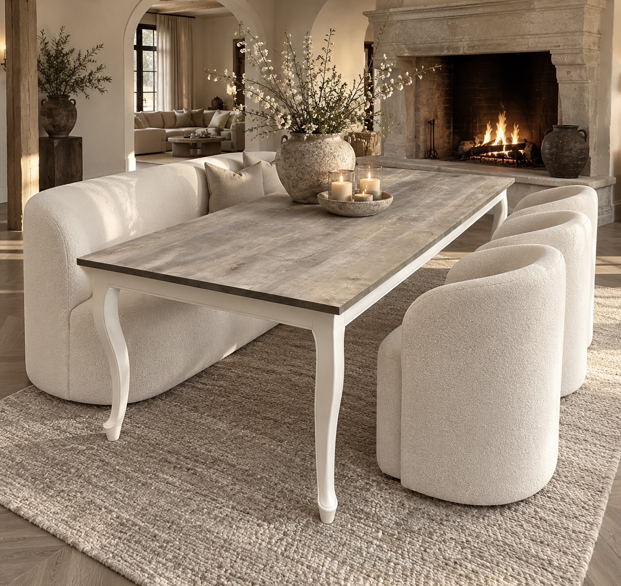 Eettafel hout met witte queen Ann poten landelijke stijl