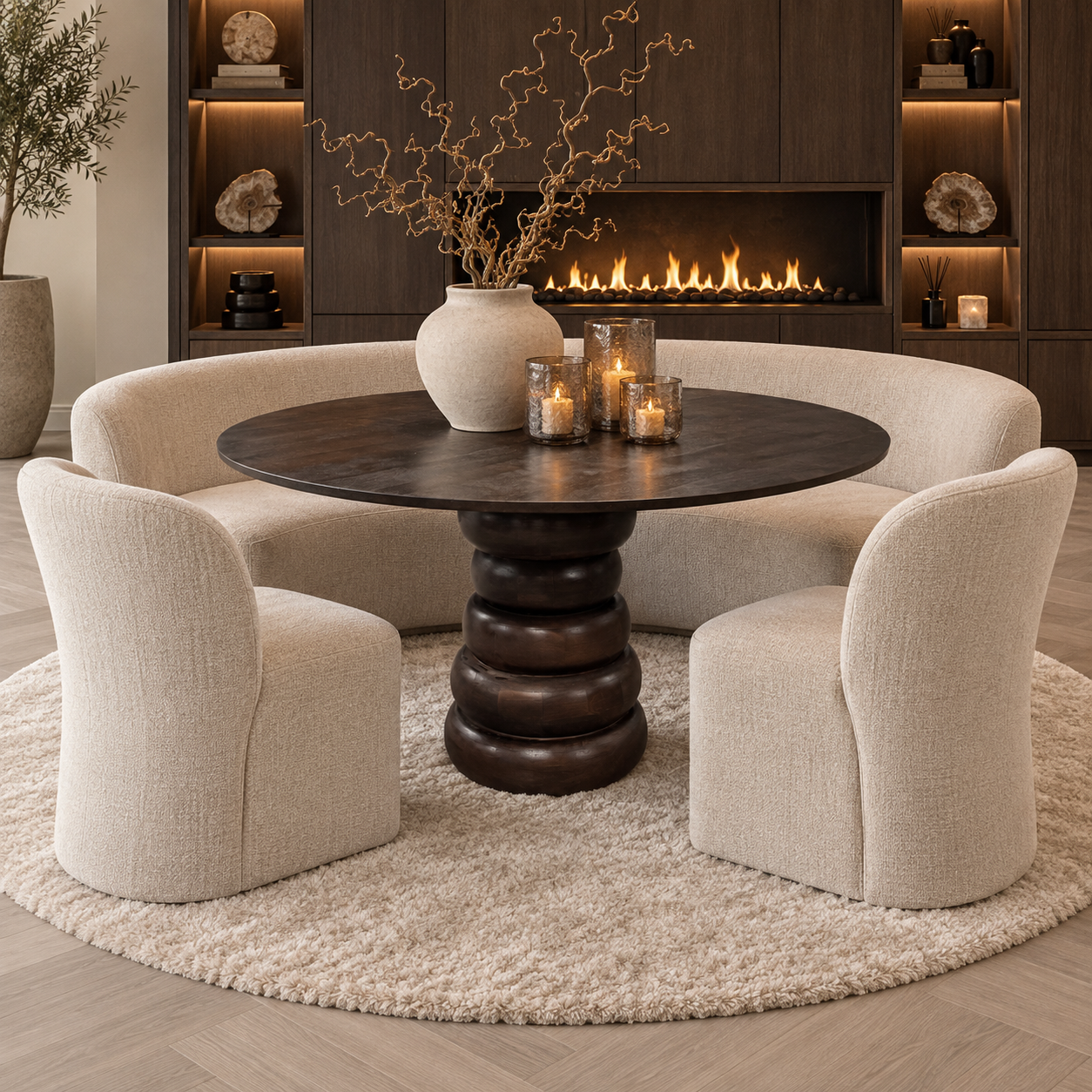 Ronde eettafel Bomba in donkerbruin mango hout, Japandi
