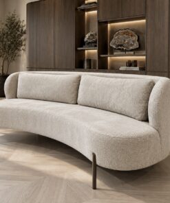 Ovale eetbank Luca in licht beige stof met bruine poten