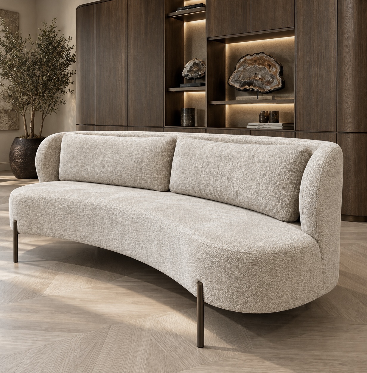 Ovale eetbank Luca in licht beige stof met bruine poten