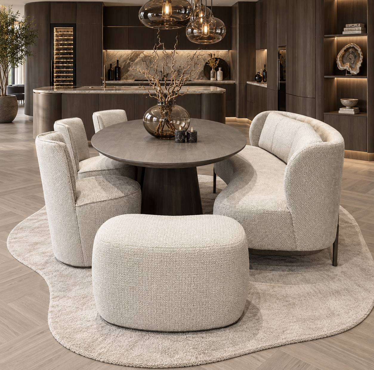 Ovale eetbank Luca in licht beige stof met bruine poten