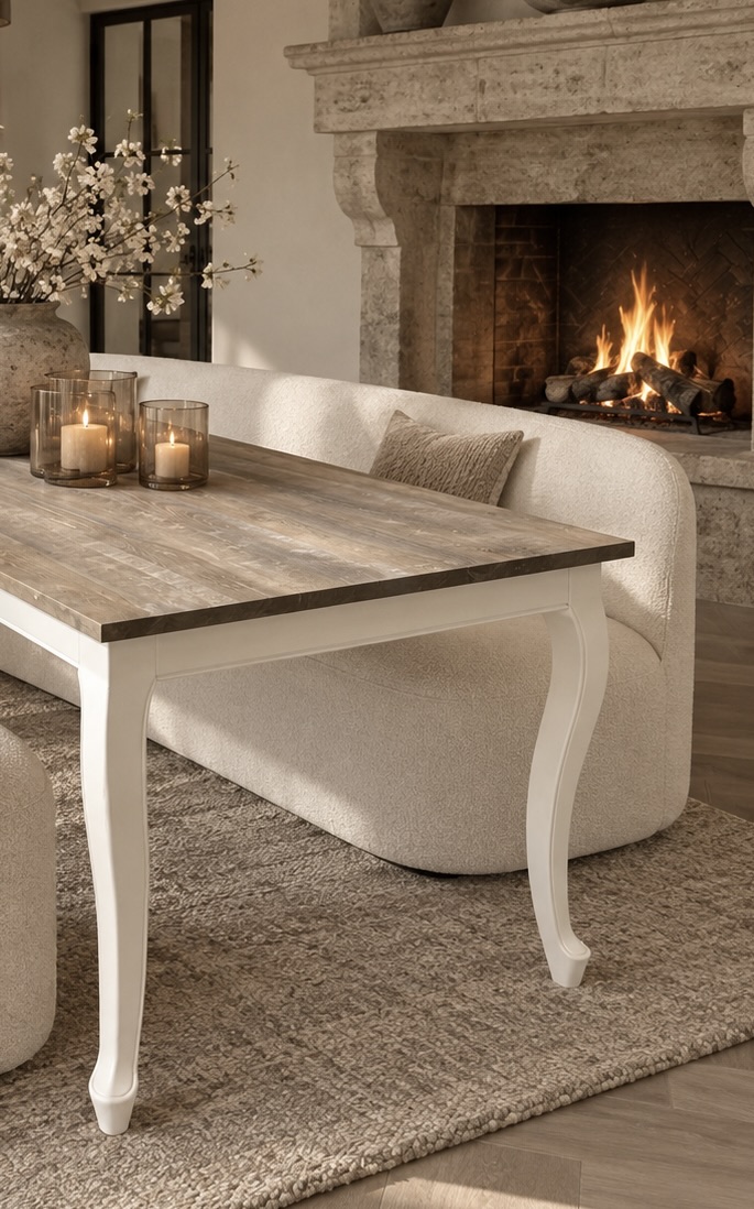 Eettafel hout met witte queen Ann poten landelijke stijl