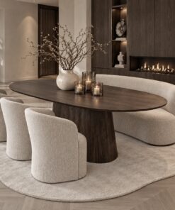 Ovale mango bruine houten eettafel in Japandi stijl