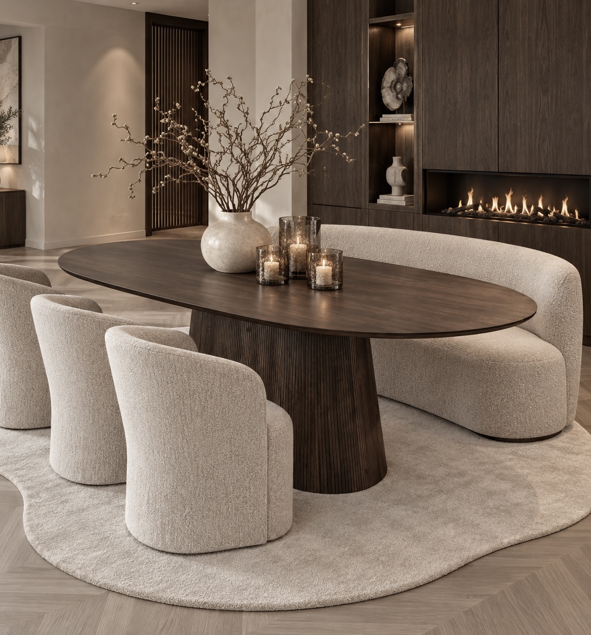 Ovale mango bruine houten eettafel in Japandi stijl