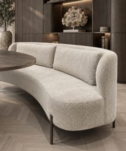 Ovale eetbank Luca in licht beige stof met bruine poten