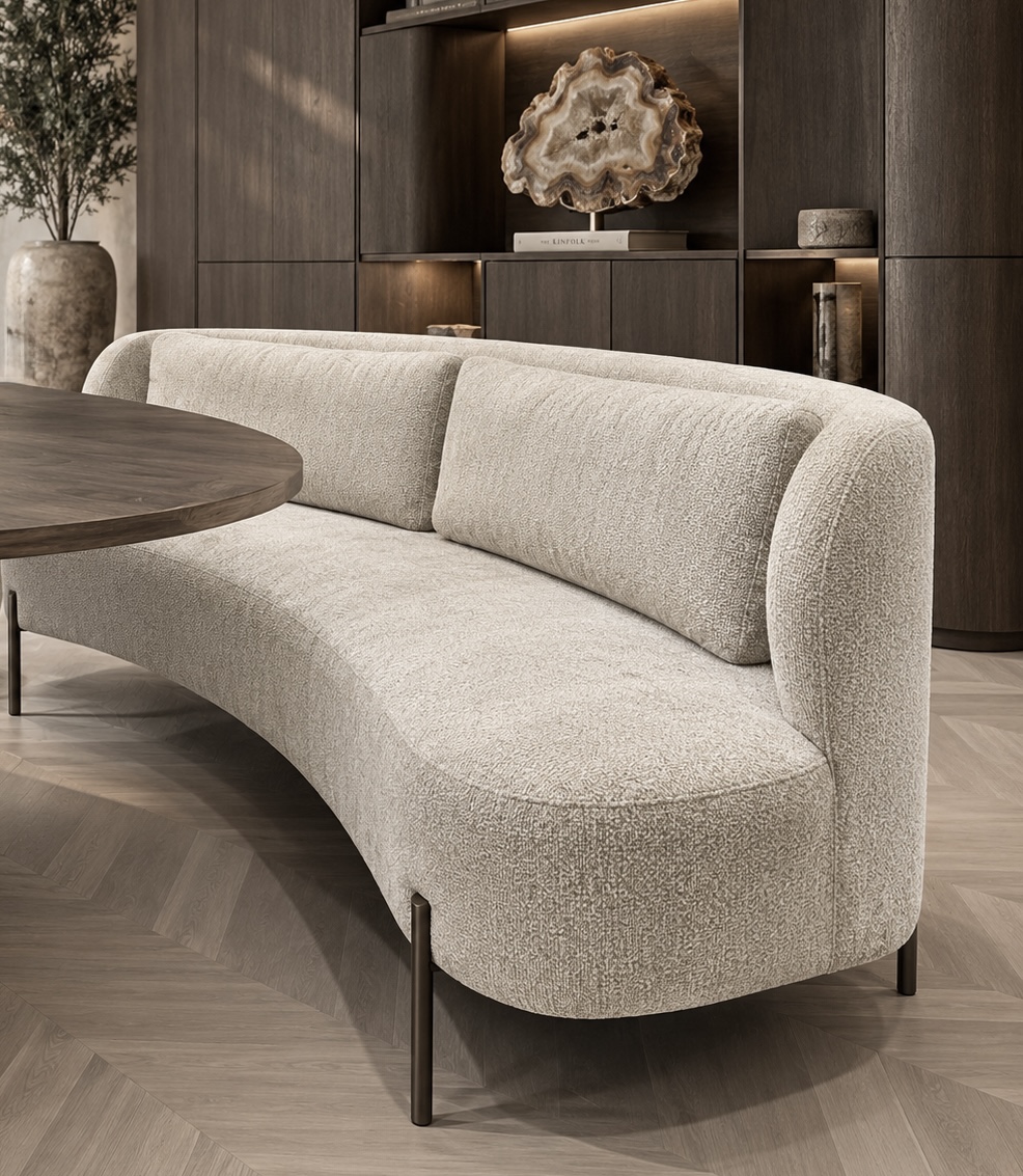 Ovale eetbank Luca in licht beige stof met bruine poten