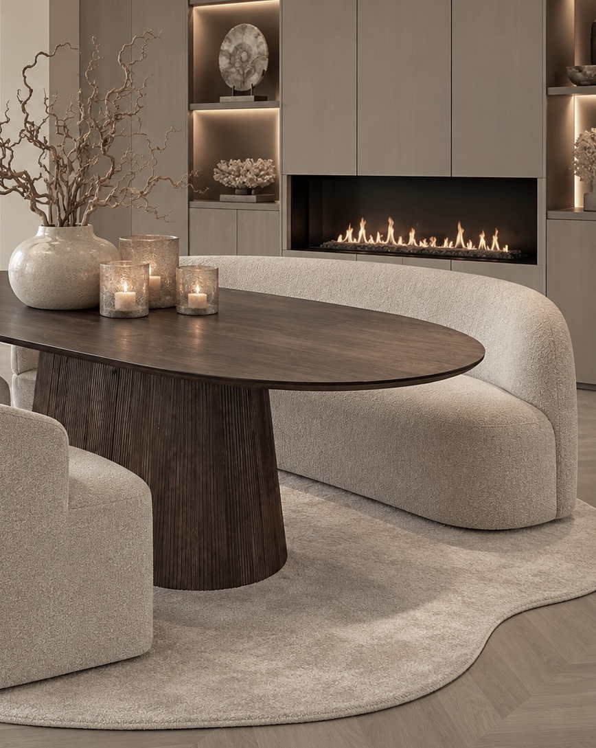 Ovale mango bruine houten eettafel in Japandi stijl