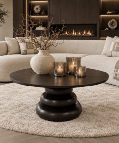 Ronde salontafel Bomba in donkerbruin mango hout, Japandi