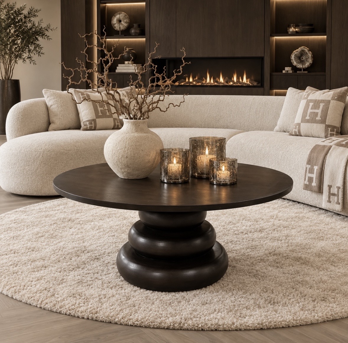 Ronde salontafel Bomba in donkerbruin mango hout, Japandi