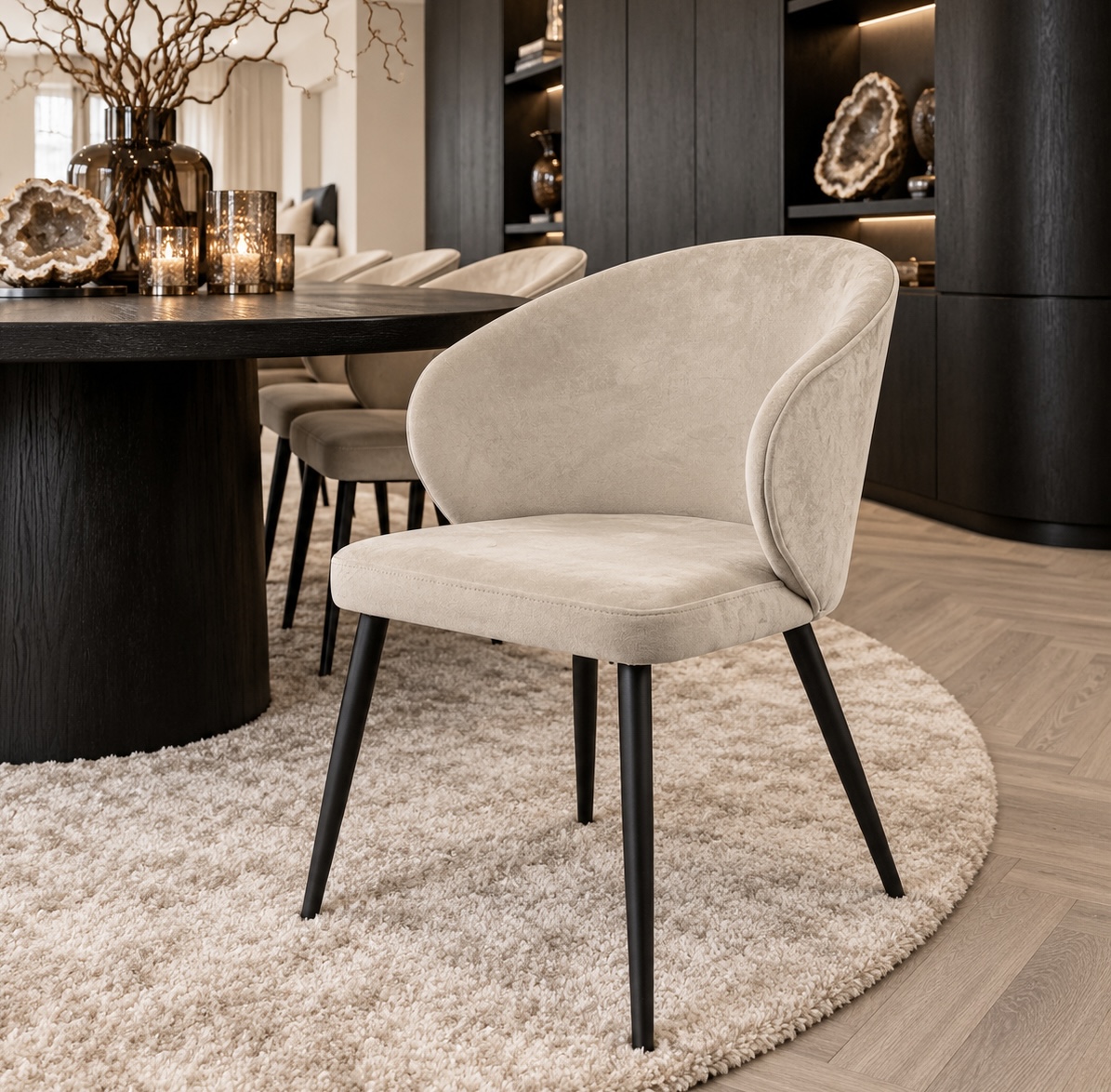 set van 6 eetkamerstoelen Denia velvet beige