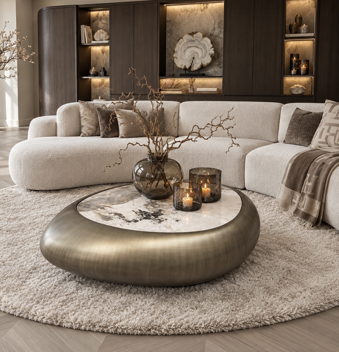 Castello salontafels rond en organisch met Sintered Stone tafelblad en mat bronzen onderstel in luxe woonkamer | Dubbelman Design