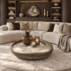 Castello salontafels rond en organisch met Sintered Stone tafelblad en mat bronzen onderstel in luxe woonkamer | Dubbelman Design