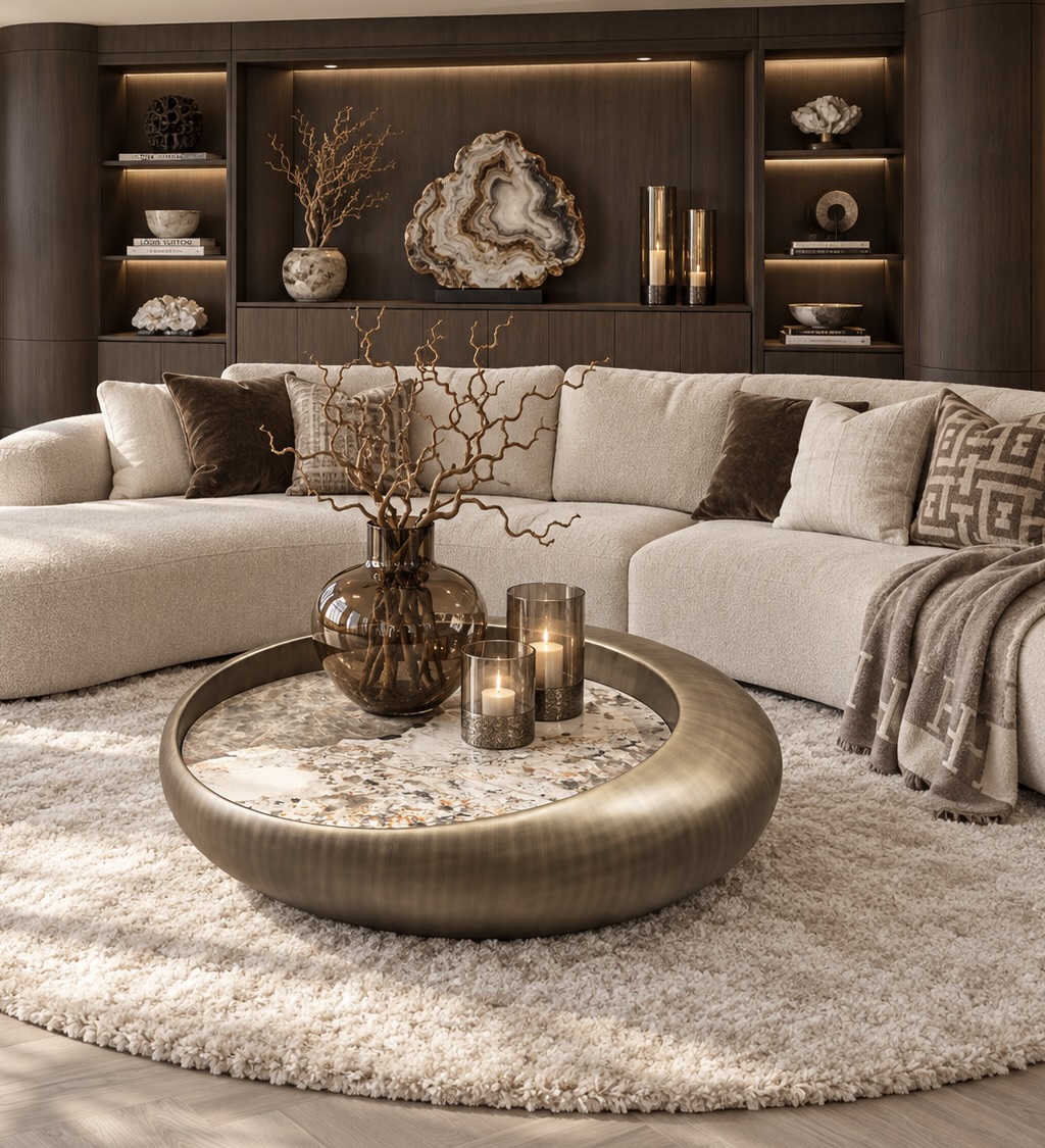 Castello salontafels rond en organisch met Sintered Stone tafelblad en mat bronzen onderstel in luxe woonkamer | Dubbelman Design
