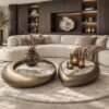 Castello salontafels rond en organisch met Sintered Stone tafelblad en mat bronzen onderstel in luxe woonkamer | Dubbelman Design
