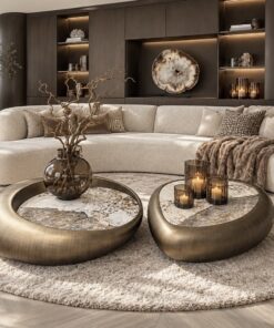 Castello salontafels rond en organisch met Sintered Stone tafelblad en mat bronzen onderstel in luxe woonkamer | Dubbelman Design