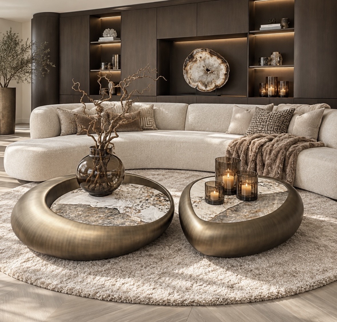 Castello salontafels rond en organisch met Sintered Stone tafelblad en mat bronzen onderstel in luxe woonkamer | Dubbelman Design